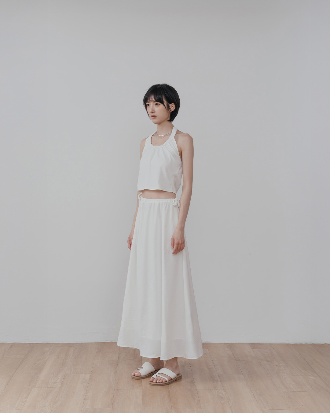 Glossy halter neck and off-shoulder vest dress set - White S/M【01087299】in stock+pre-order