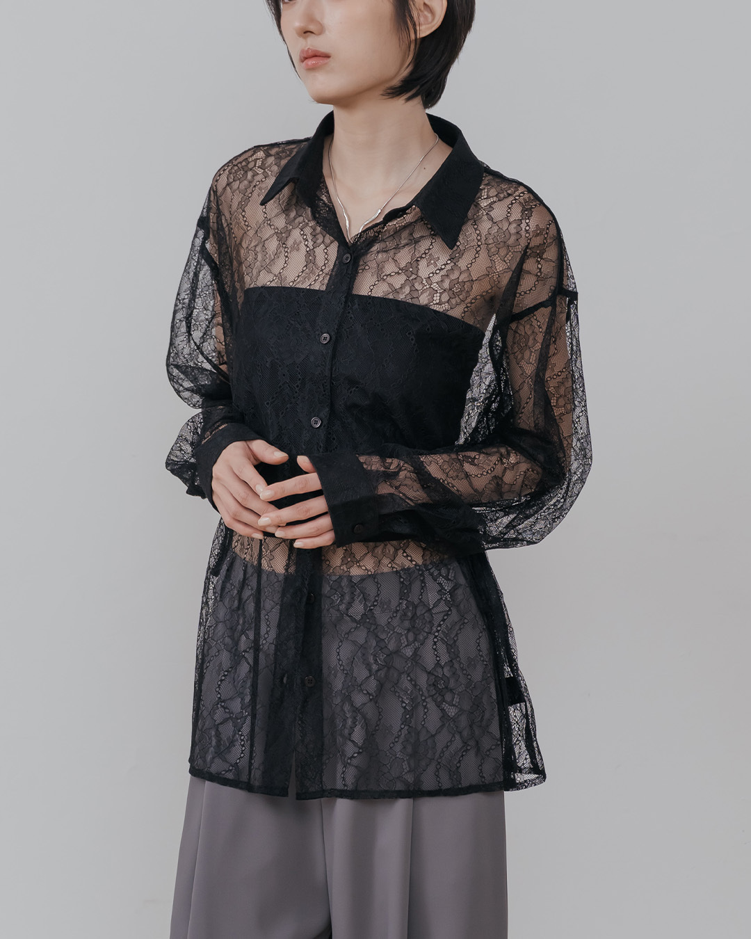 Hollow-out lace jacquard tie-up sheer shirt - black【01025766】in stock+pre-order