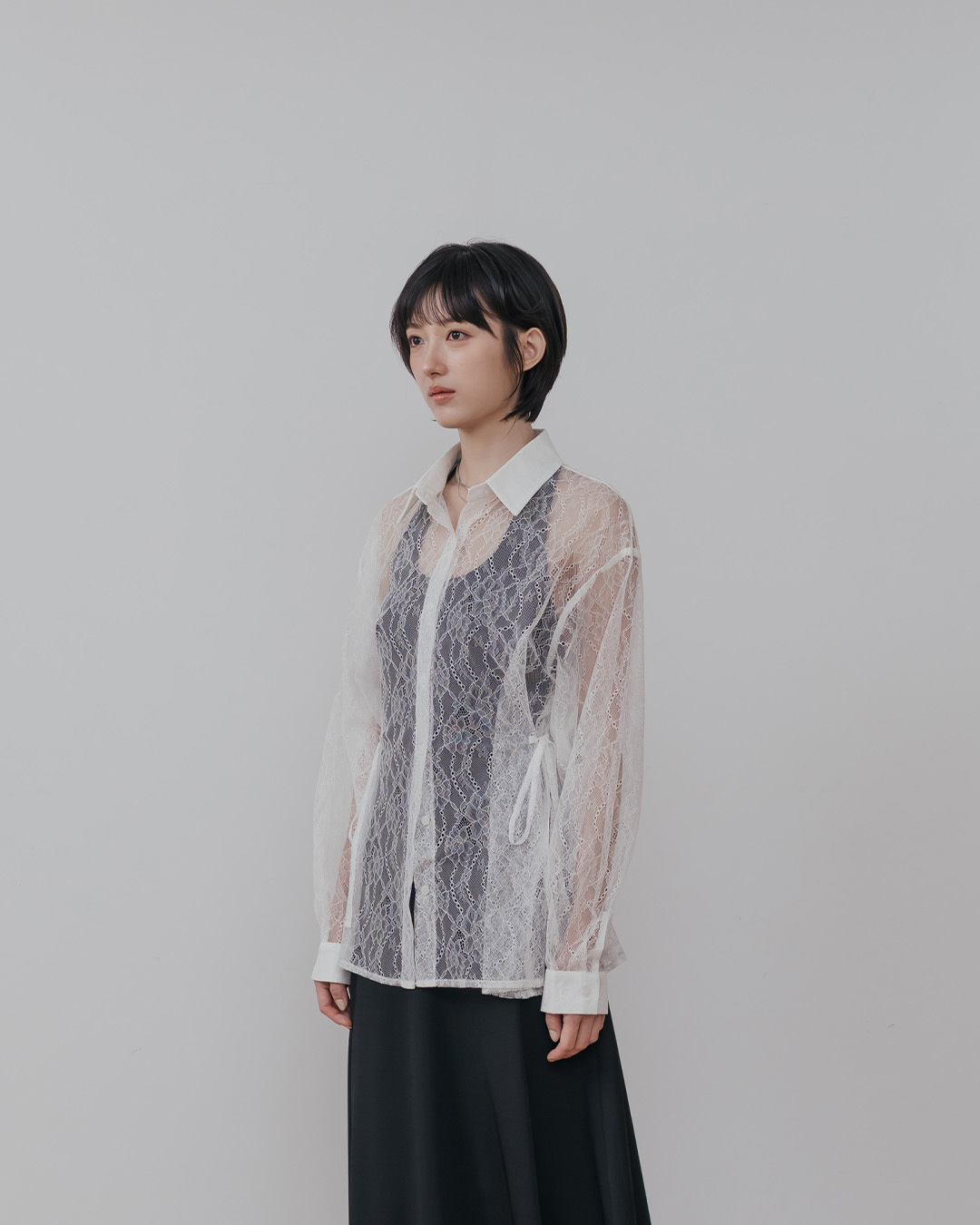 Sheer white lace jacquard tie-front shirt【01025765】in stock+pre-order