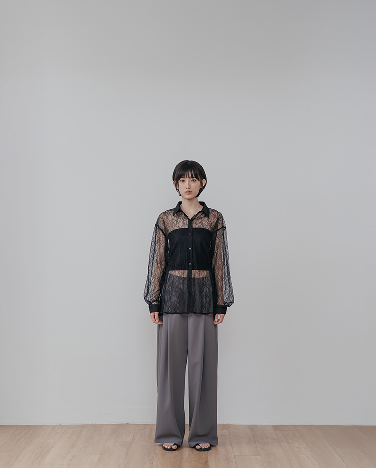 Hollow-out lace jacquard tie-up sheer shirt - black【01025766】in stock+pre-order