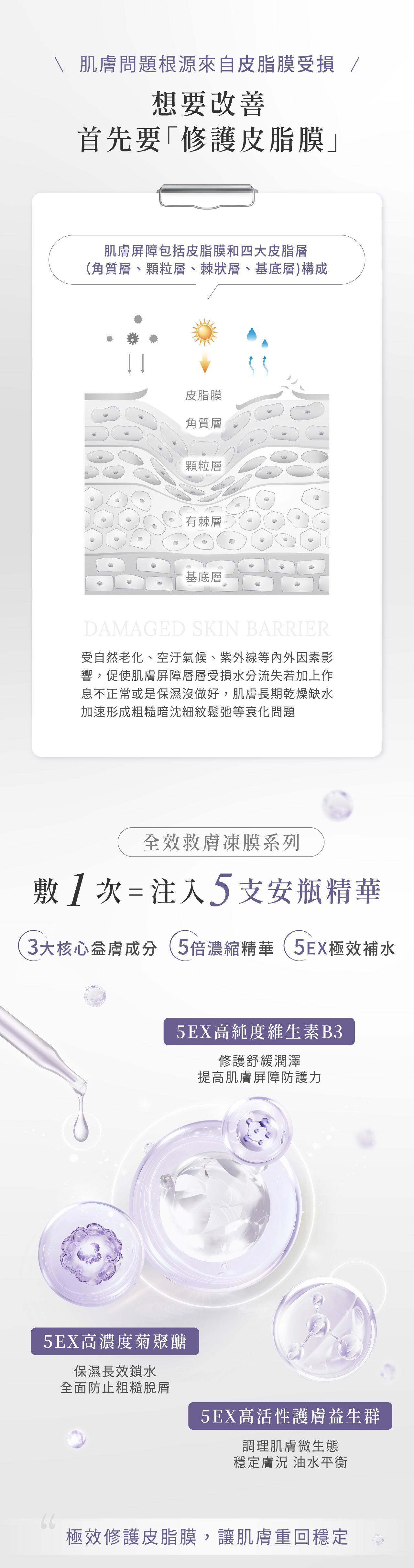 想要改善，首先要「修護皮脂膜」，敷一次＝注入五支安瓶精華