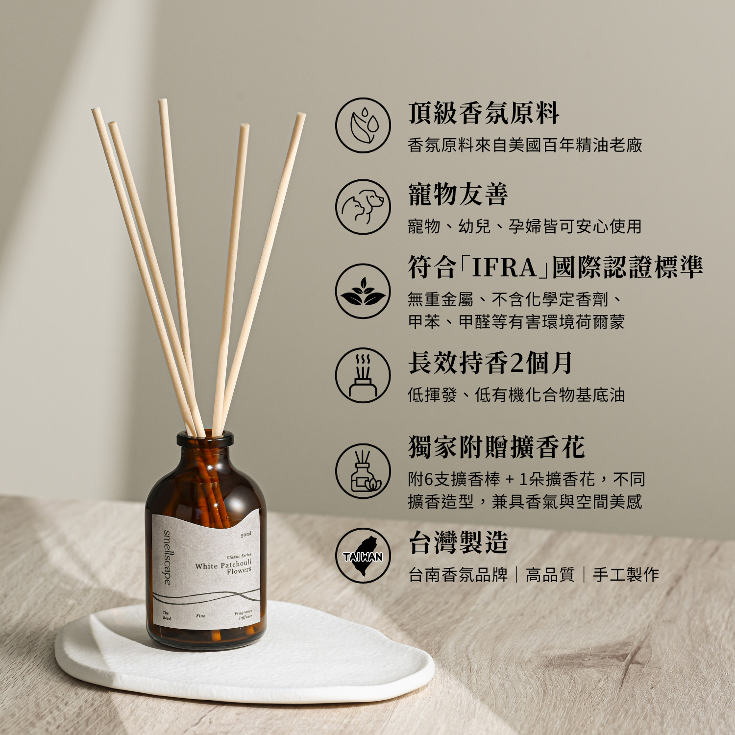 smellscape 手工擴香瓶特色介紹,採用頂級香氛原料、IFRA 國際認證標準、寵物友善、低揮發、持香約 2 個月、台灣手工製造。