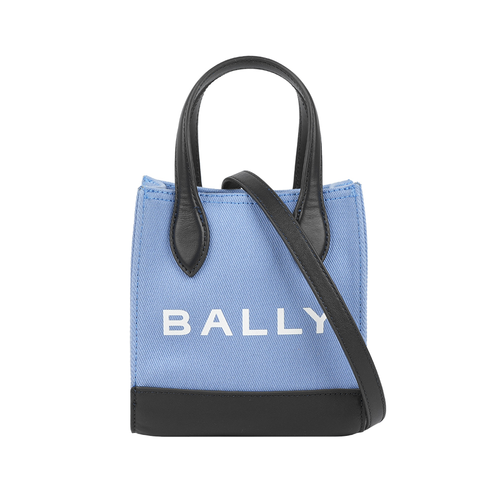 【Bally】Bar XS 帆布及皮革迷你二用托特包(松藍色)