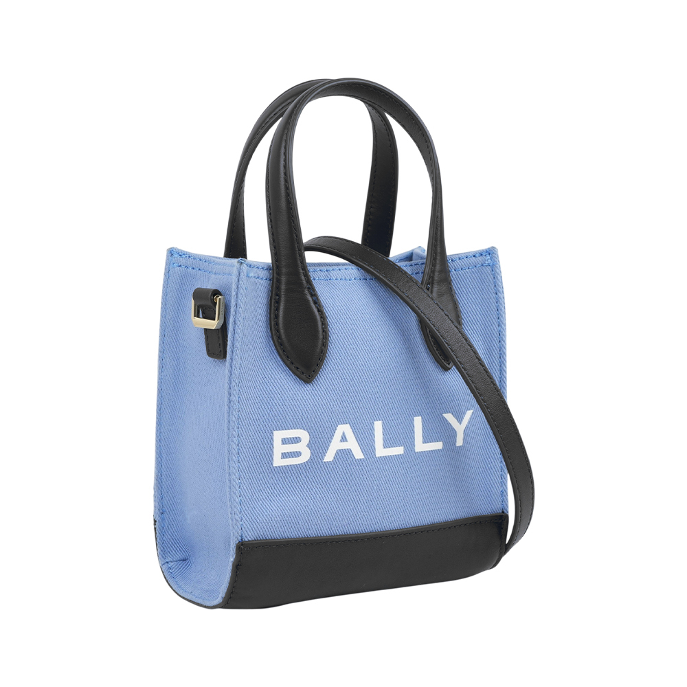 【Bally】Bar XS 帆布及皮革迷你二用托特包(松藍色)