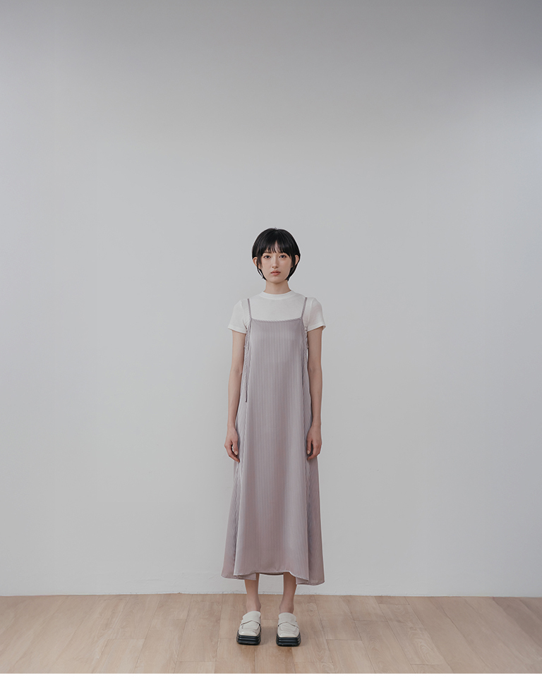 Simple, glossy striped spaghetti strap maxi dress - gray【01087314】in stock+pre-order