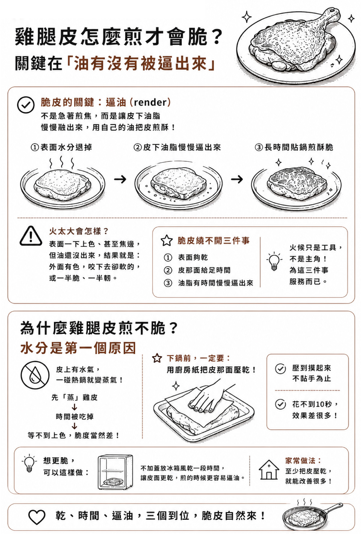 煎的時候也比較容易把油脂逼出來。不過家常料理不一定要做到這一步;至少把皮壓乾,就已經能改善很多。