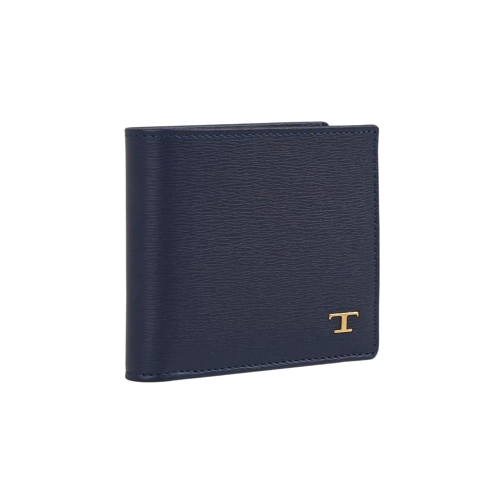 【Tod's】金色T Logo 水波紋牛皮對開8卡短夾(海軍藍)