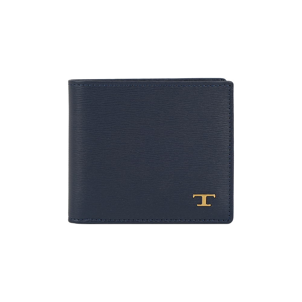 【Tod's】金色T Logo 水波紋牛皮對開8卡短夾(海軍藍)