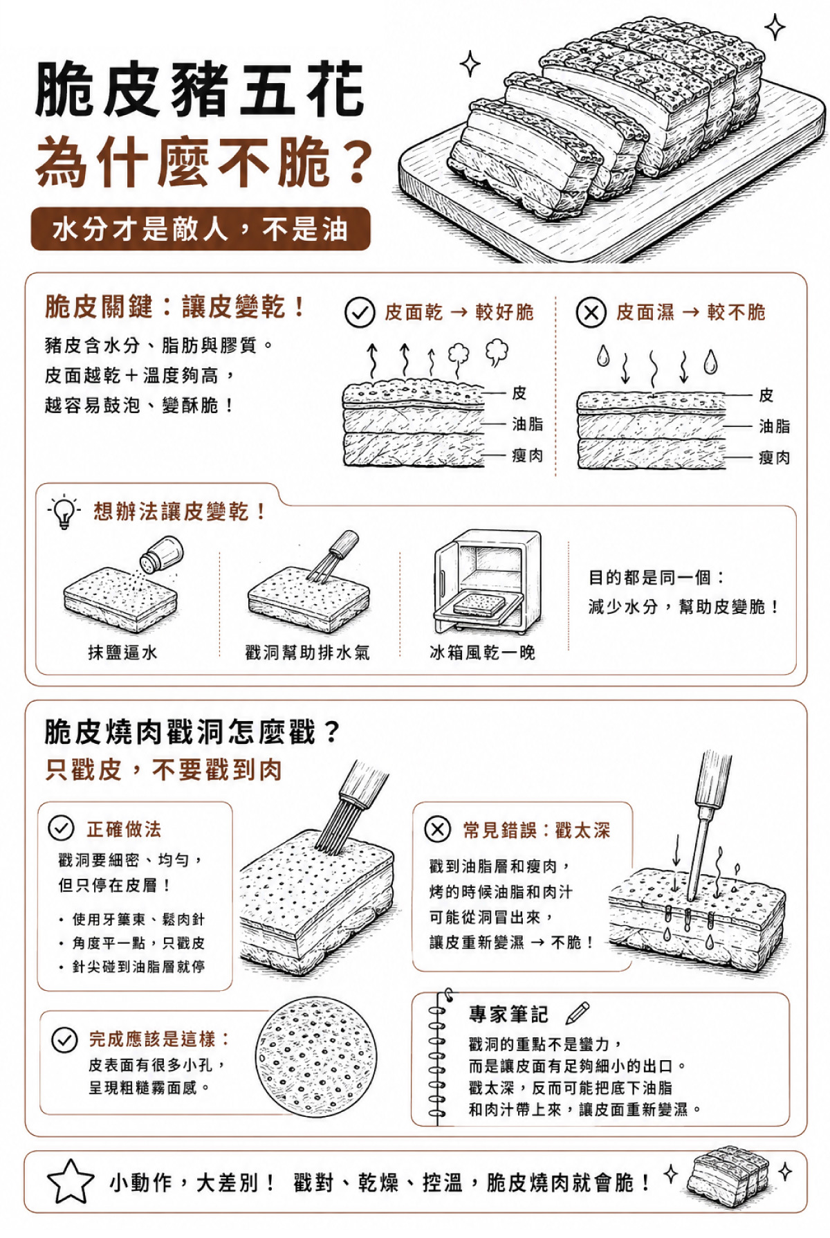 戳洞的重點不是蠻力，而是讓皮面有足夠細小的出口。戳太深，反而可能把底下油脂和肉汁帶上來，讓皮面重新變濕。