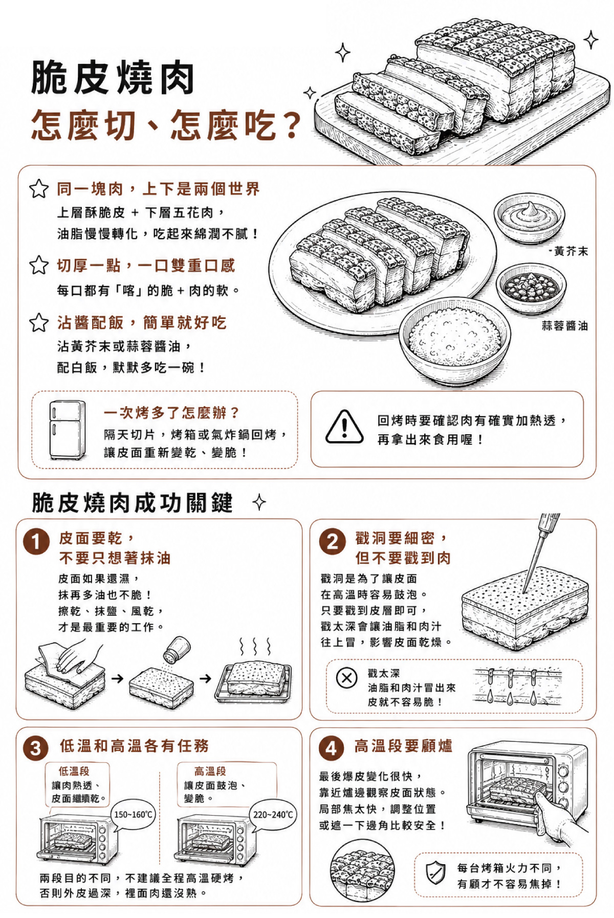 切的時候可以稍微切厚一點，讓每一口都同時吃到「喀」的脆和五花肉的軟。沾一點黃芥末或蒜蓉醬油，配一碗白飯，就是那種不用特別費力、但會讓人默默多吃一碗的料理。