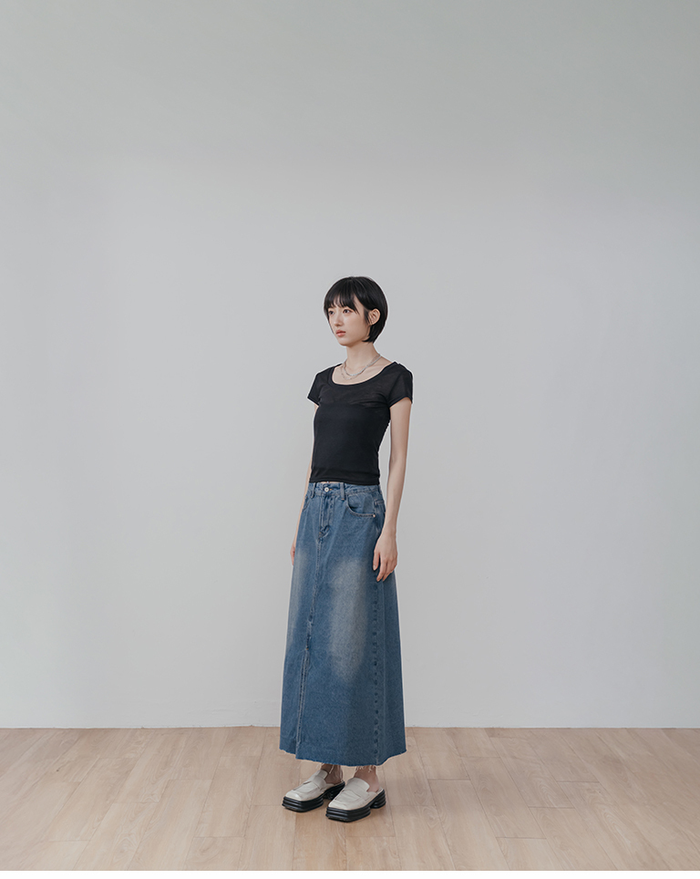 Simple plain U-neck sheer short-sleeved top - black【01099655】in stock+pre-order