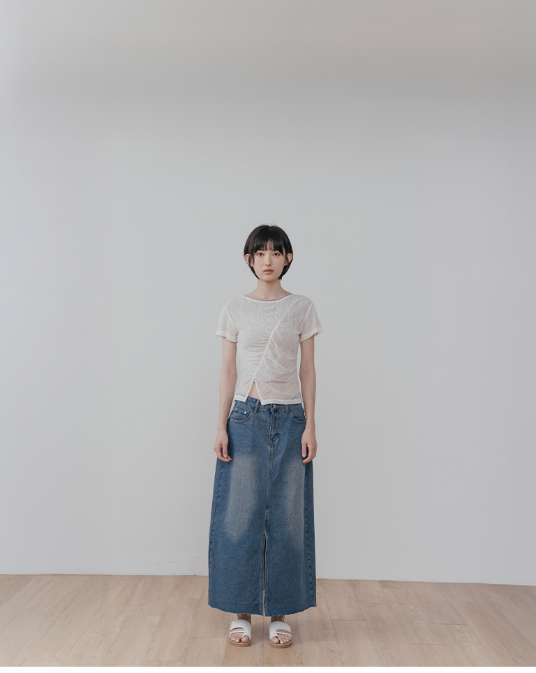 Ruffled textured slit sheer short-sleeved top - off-white【01099860】in stock+pre-order