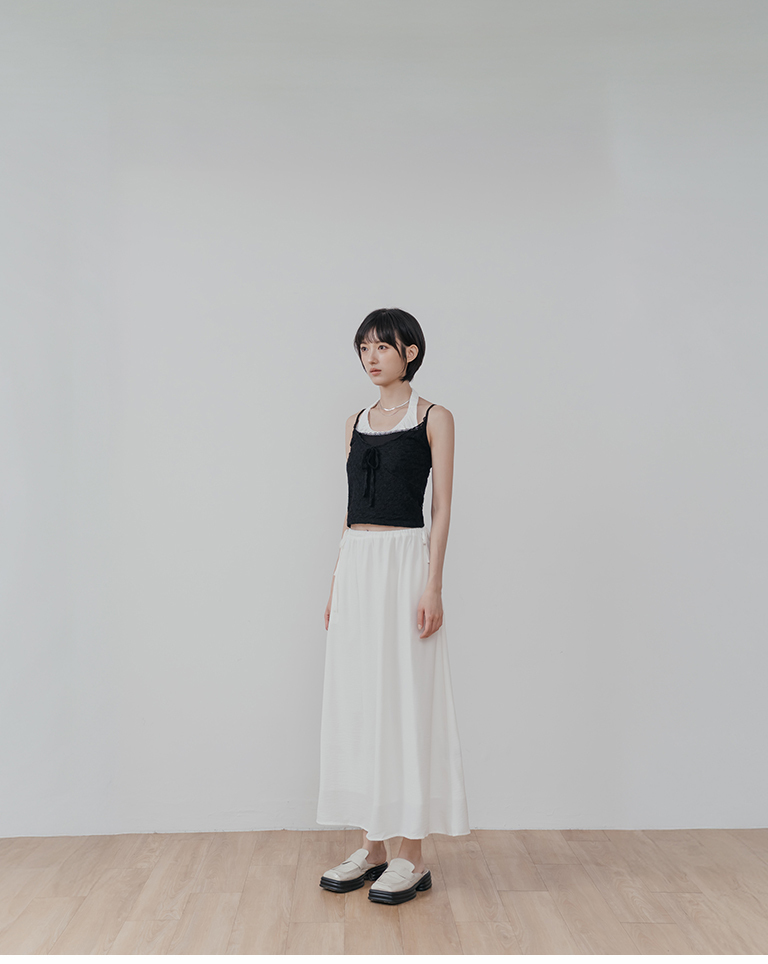 Lace-trimmed faux two-piece design spaghetti strap vest - black【01099887】in stock+pre-order