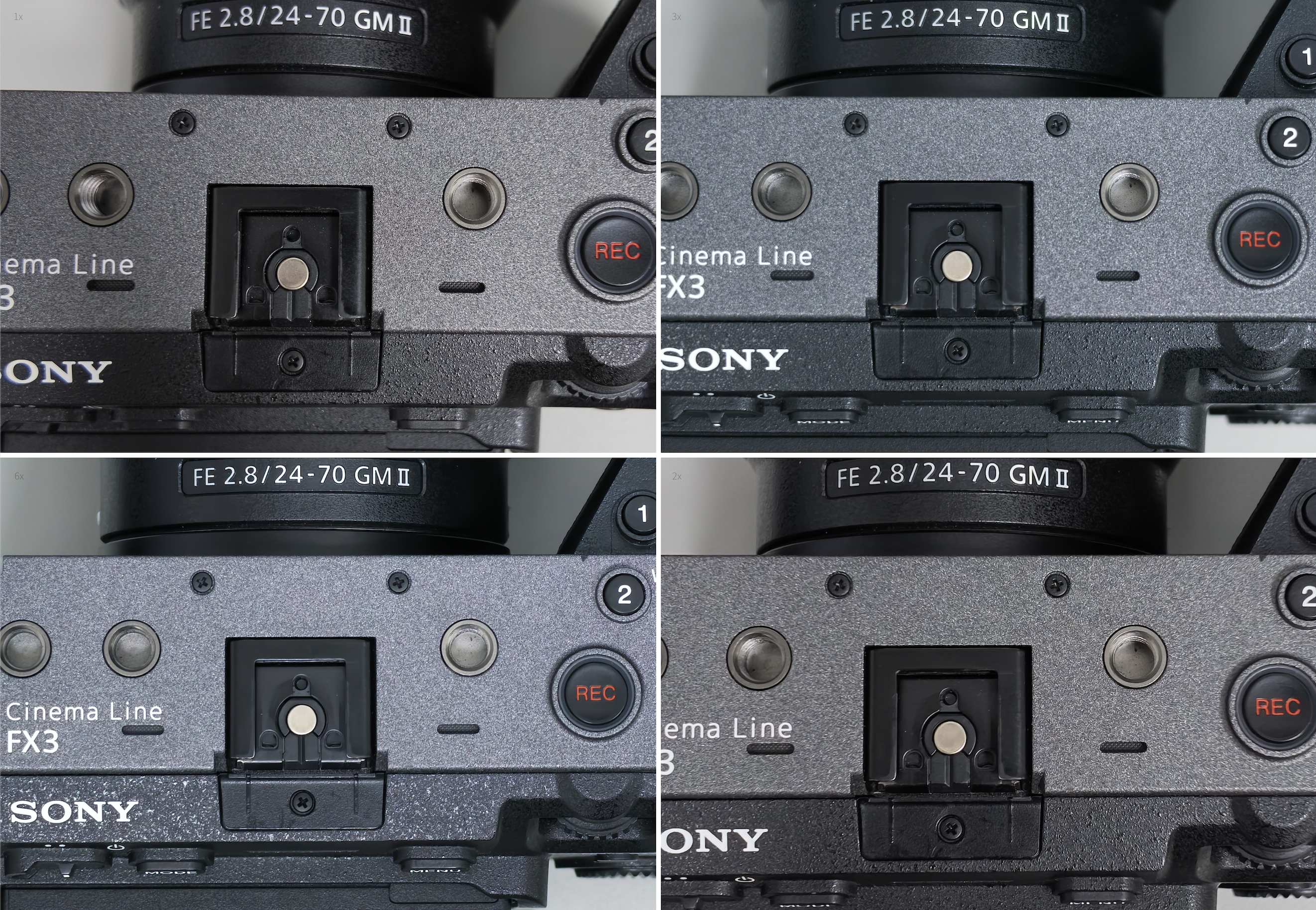 Sony Cinema Line FX3 機頂熱靴座區域四宮格變焦倍率對比實拍,左上 1x、右上 3x、左下 6x、右下 2x,鏡頭為 FE 2.8/24-70 GM II,畫面聚焦於熱靴接口、REC 錄影鍵與機頂螺孔的細節放大表現。