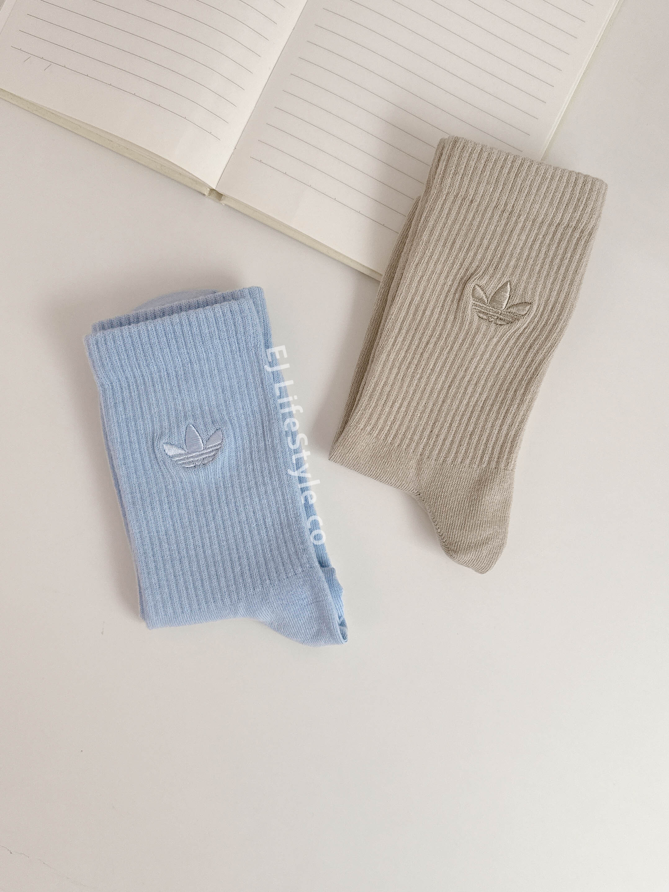 ADIDAS 三葉草 長襪 襪子 中筒襪 寶寶藍 燕麥色 刺繡 一組二入 KE0662 / 調貨