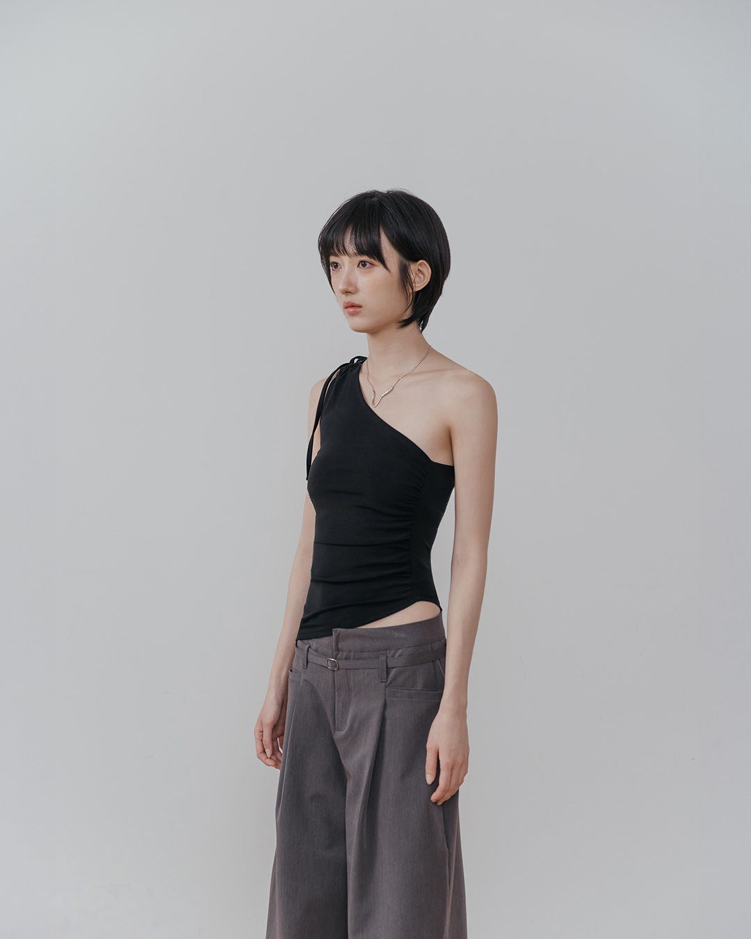 One-Shoulder Drawstring Tie-Detail Tank Top - Black【01099894】in stock+pre-order