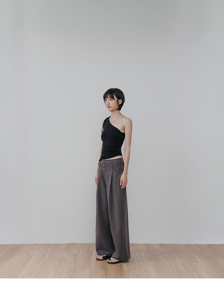 One-Shoulder Drawstring Tie-Detail Tank Top - Black【01099894】in stock+pre-order