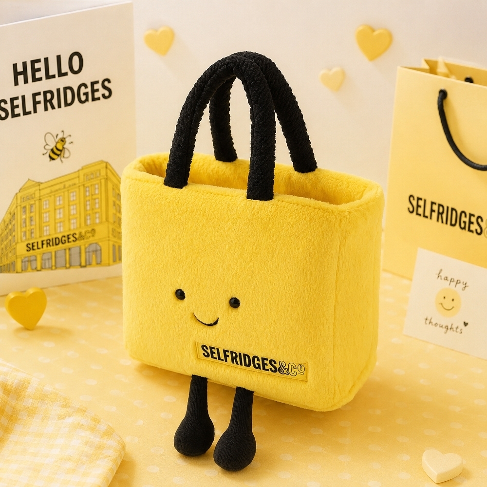 JELLYCAT 英國Selfridges百貨限定款 25周年 趣味微笑黃色購物袋 絨毛手提包