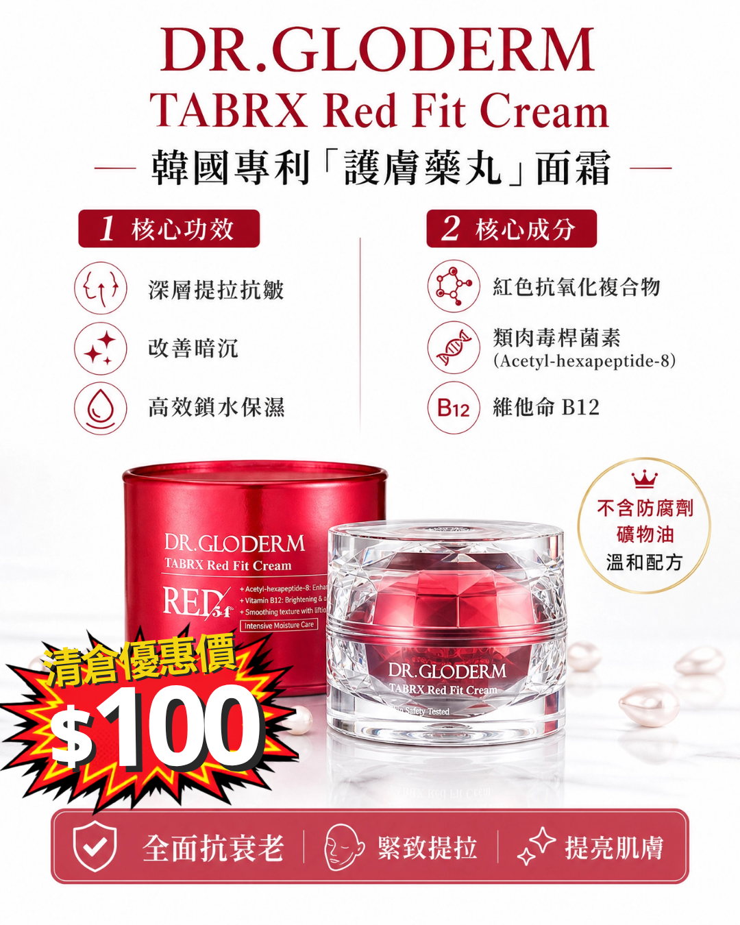 清倉大放漏_ Dr Gloderm Tabrx Red Fit Cream（紅盒全能緊緻提亮面霜）45g