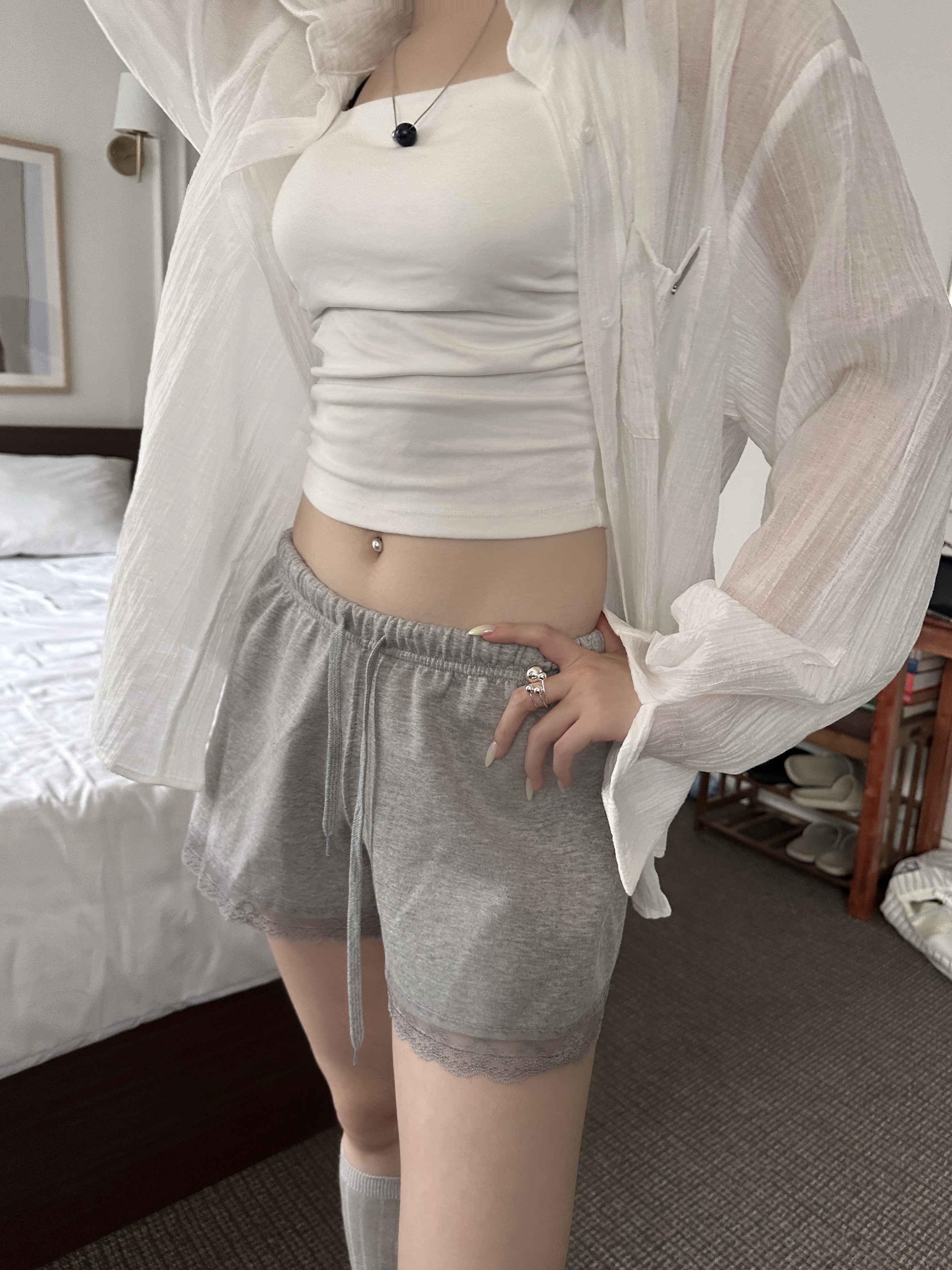 T27 超舒服居家蕾絲短褲 (灰)