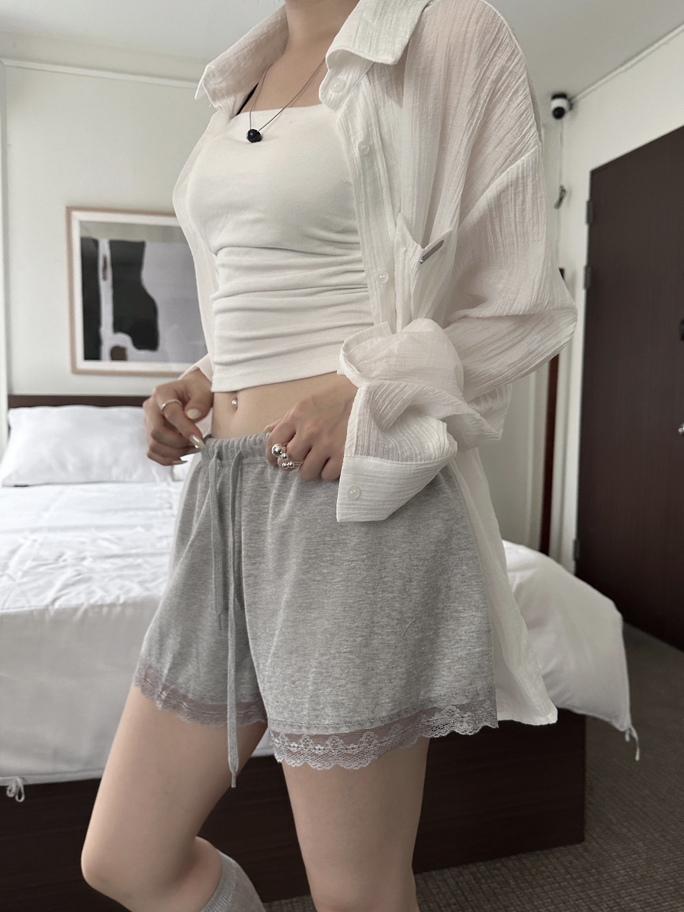 T27 超舒服居家蕾絲短褲 (灰)