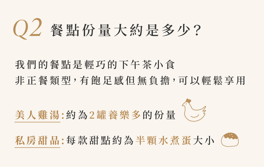 Q2 餐點份量大約是多少？  我們的餐點是輕巧的下午茶小食 非正餐類型，有飽足感但無負擔，可以輕鬆享用  美人雞湯:約為2罐養樂多的份量 私房甜品:每款甜點約為半顆水煮蛋大小