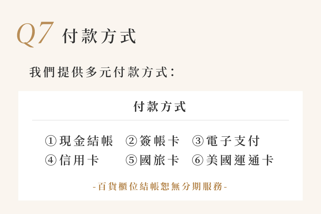 Q7 付款方式  我們提供多元付款方式：  付款方式 ①現金結帳  ②簽帳卡  ③電子支付 ④信用卡  ⑤國旅卡  ⑥美國運通卡  -百貨櫃位結帳恕無分期服務-