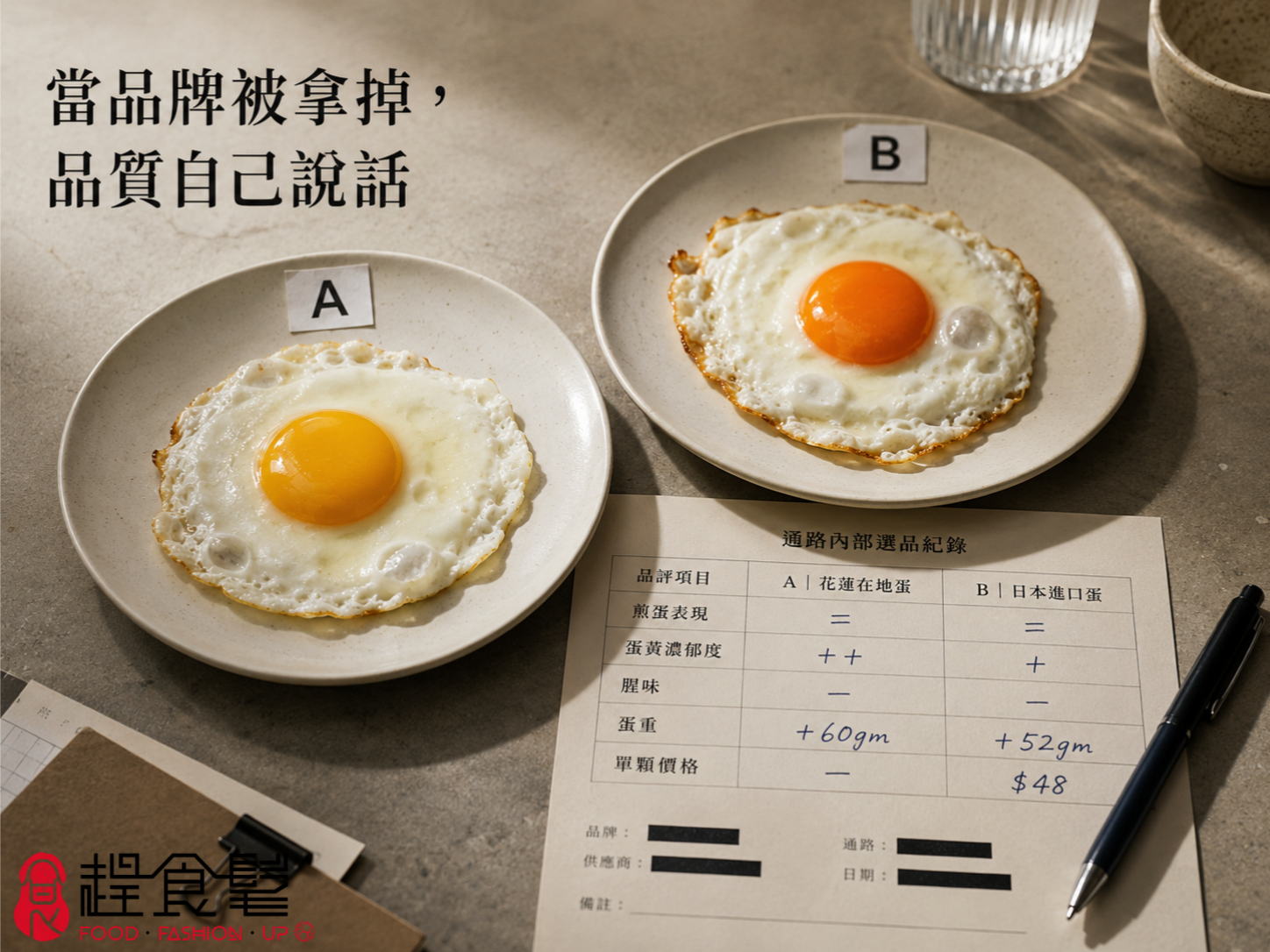 兩盤標示 A、B 的煎蛋置於桌面上,旁有匿名內部選品紀錄卡與筆,卡片寫有花蓮在地蛋與日本進口蛋的品評符號與 $48 單價,左上角標題為「當品牌被拿掉,品質自己說話」_趕食髦