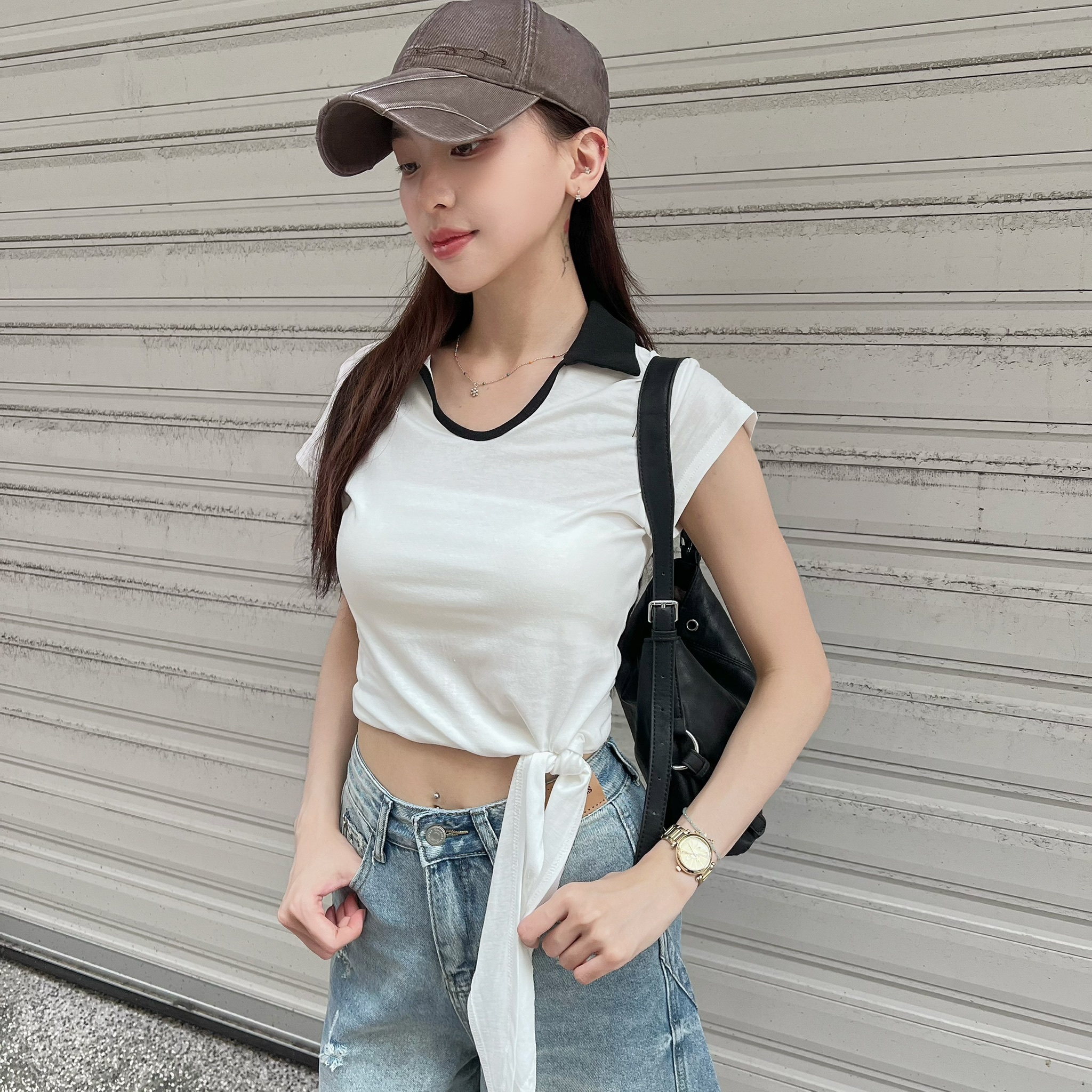 撞色翻領側綁上衣