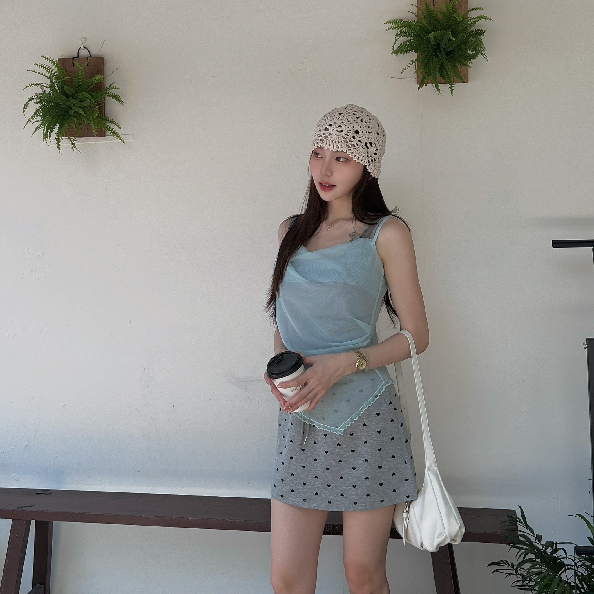 抓皺網紗兩件上衣