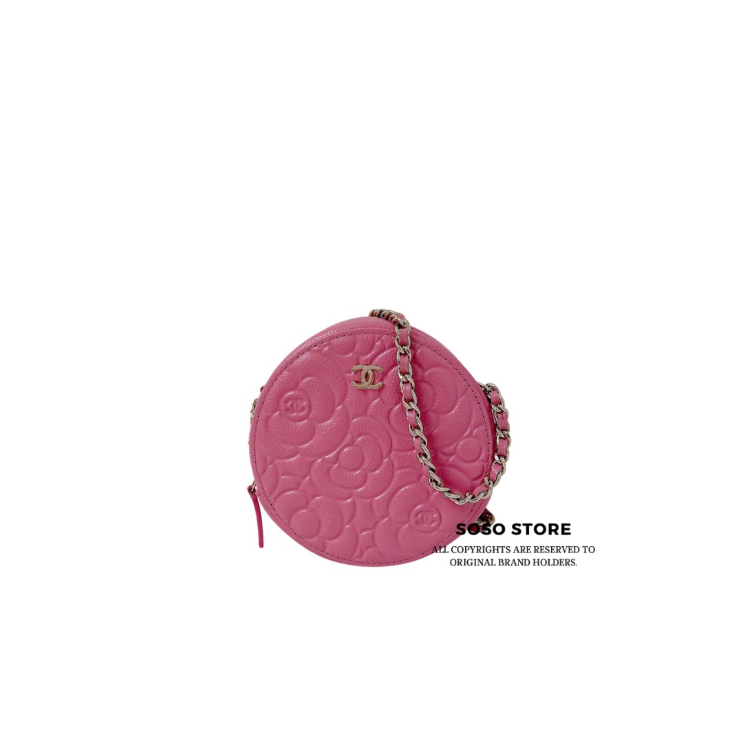 Chanel Camellia Embossed Round Clutch With Chain - Pink / SHW