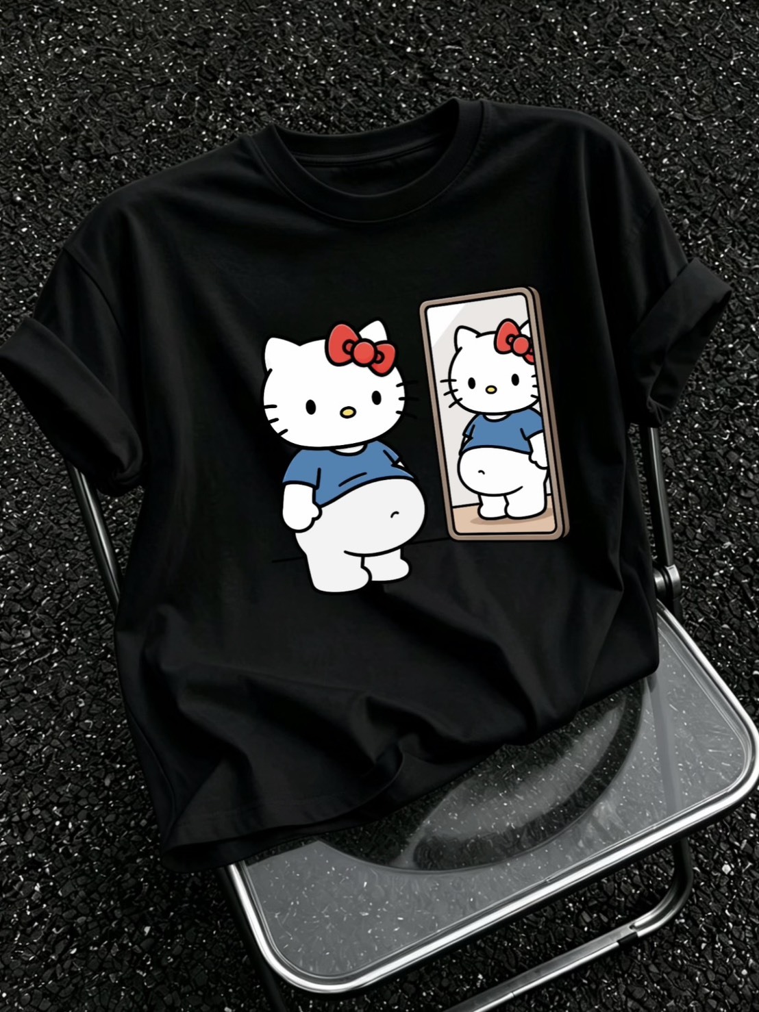 DREW 美式 懷孕KITTY 照鏡子 圓領 短袖短T 男女同款