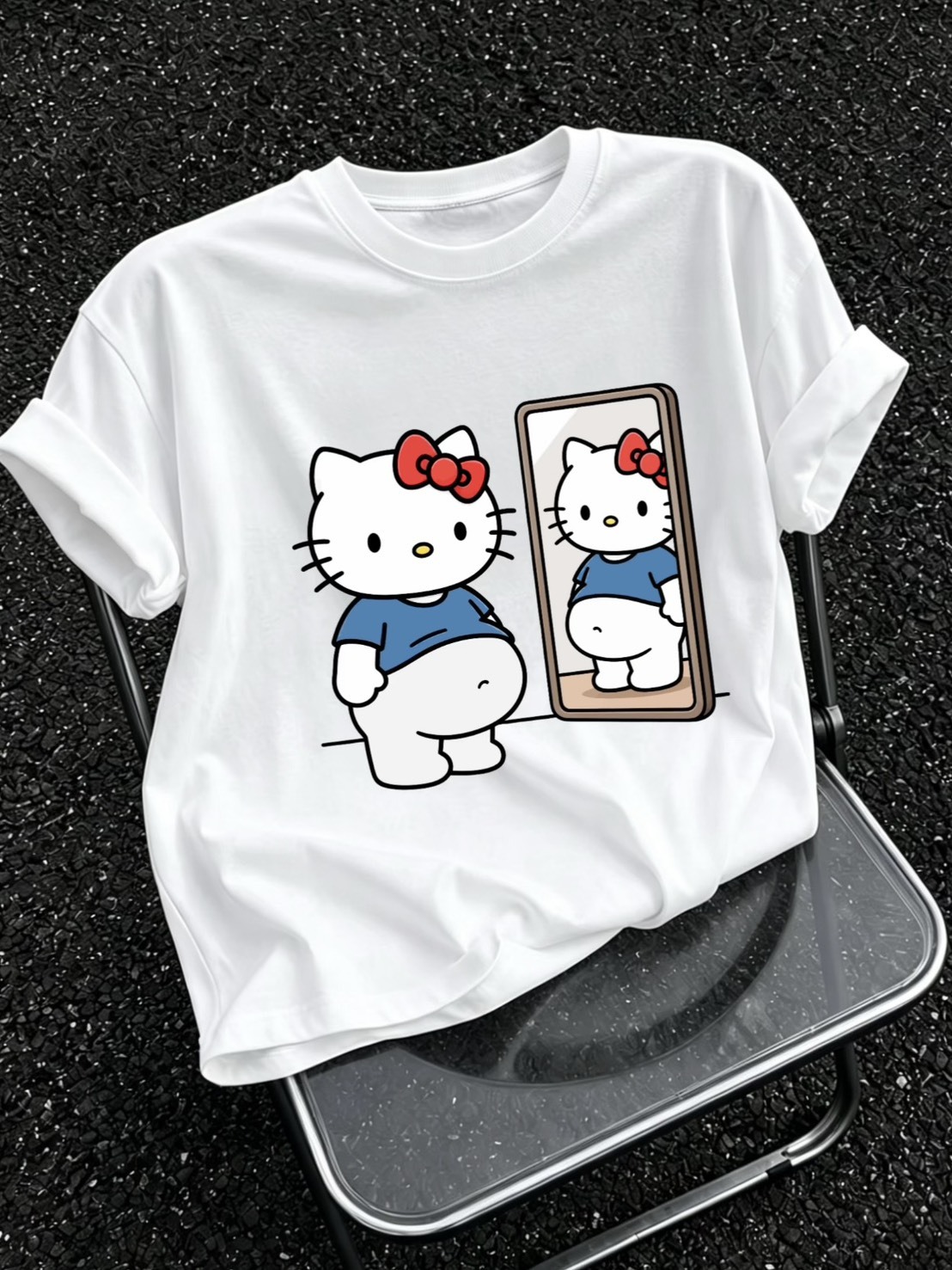DREW 美式 懷孕KITTY 照鏡子 圓領 短袖短T 男女同款