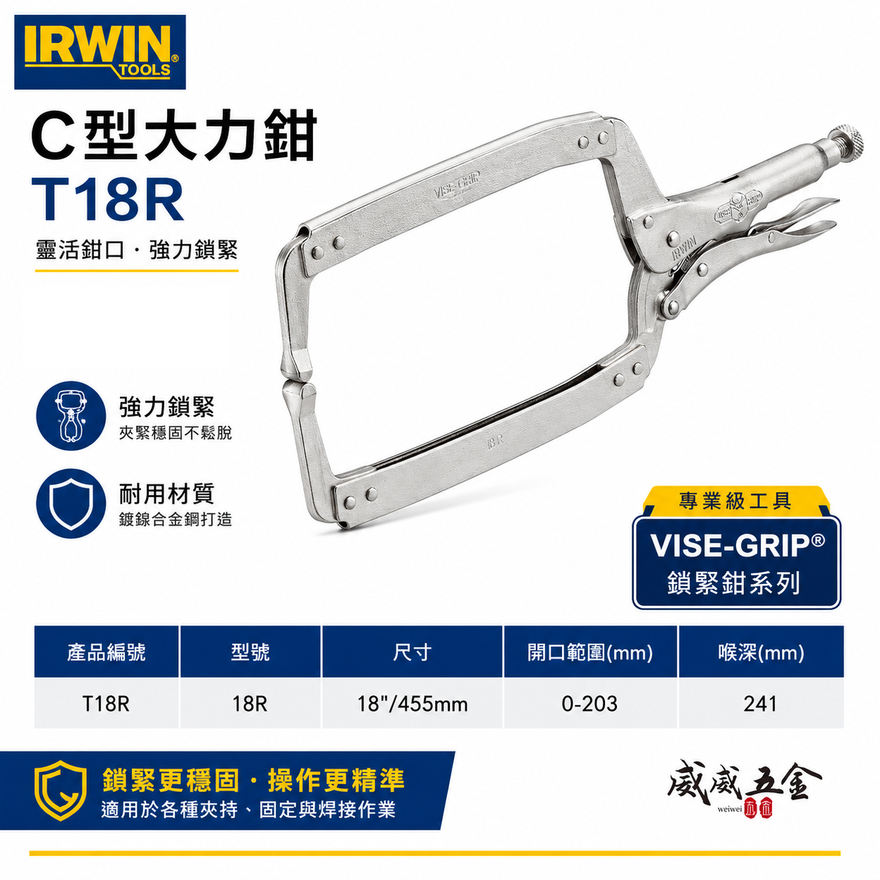 美國 IRWIN 握手牌｜無鐵片強力C型萬能鉗 C型固定鉗｜T18R｜萬能固定鉗｜18R｜VISE-GRIP