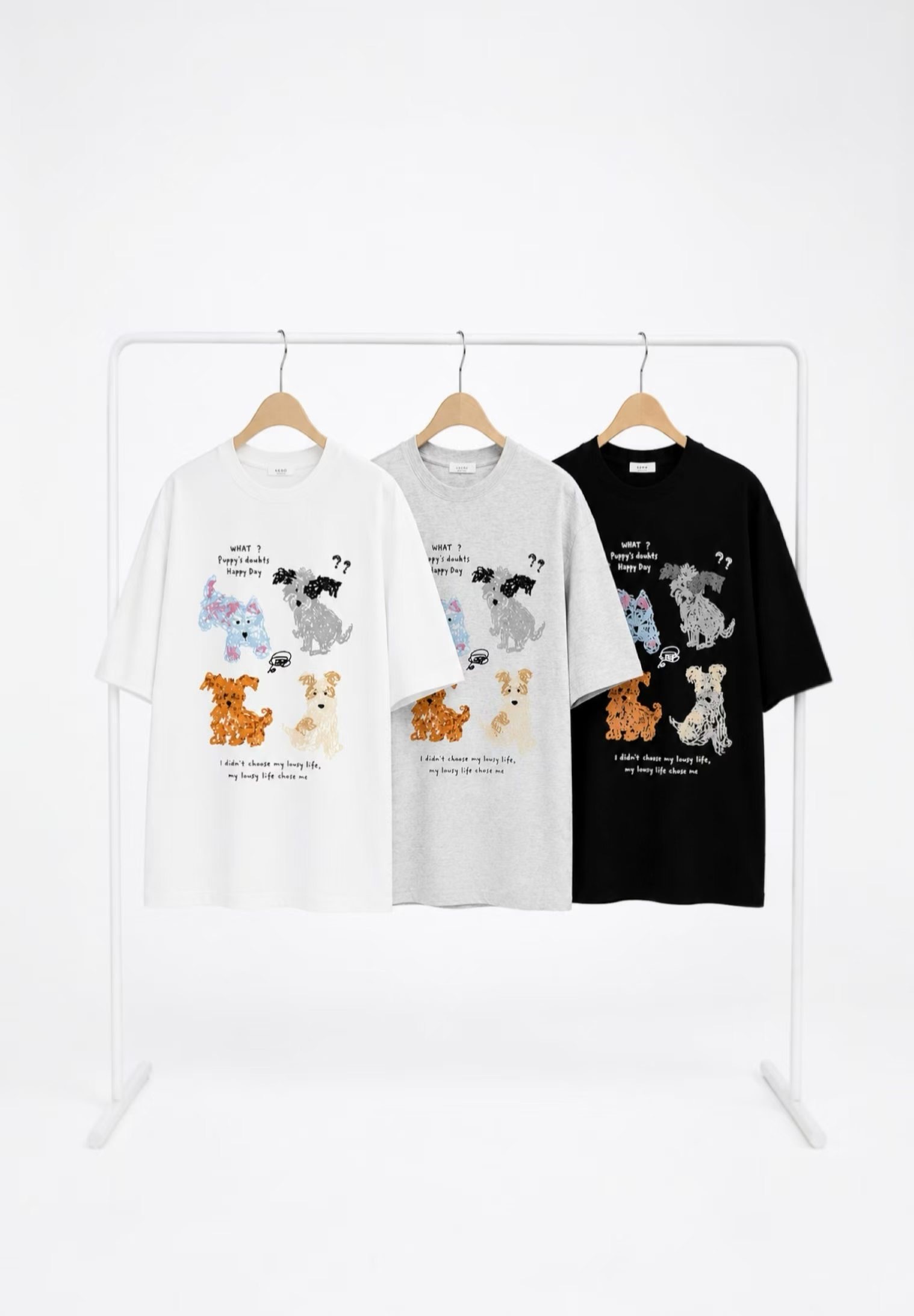 Oversize手繪感潦倒小狗Tee · 3色入