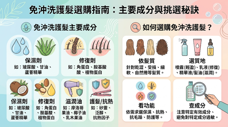 免沖洗護髮主要成分有哪些？選購時該看什麼？免沖洗護髮的主要成分可看保濕修護成分、陽離子調理劑、成膜劑與植物油脂，重點是能否幫助髮芯補水、撫平毛鱗片、減少摩擦與抗毛躁。