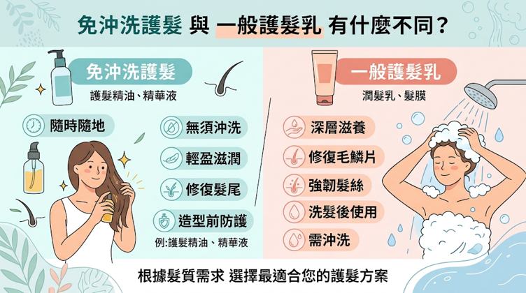 免沖洗護髮 vs 一般護髮乳差在哪？一般護髮乳屬於洗後基礎護理，主要在沖洗前幫助柔順與整理髮絲；免沖洗護髮則是吹整前與日常使用的持續防護，能長時間停留在髮絲上，幫助保濕、抗毛躁、減少摩擦與熱傷害。 兩者功能不同，建議搭配使用，不建議把沖洗式護髮乳直接當成免沖洗產品留在頭髮上。