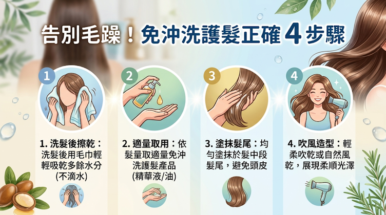 告別毛躁！免沖洗護髮正確 4 步驟免沖洗護髮正確用法重點在於「半乾時使用、避開頭皮、少量均勻塗抹、再梳開吹整」，才能讓修護成分附著在髮中至髮尾並減少毛躁。 若頭髮太濕、用量過多或抹到髮根，反而容易降低效果，讓頭髮變得扁塌油膩。