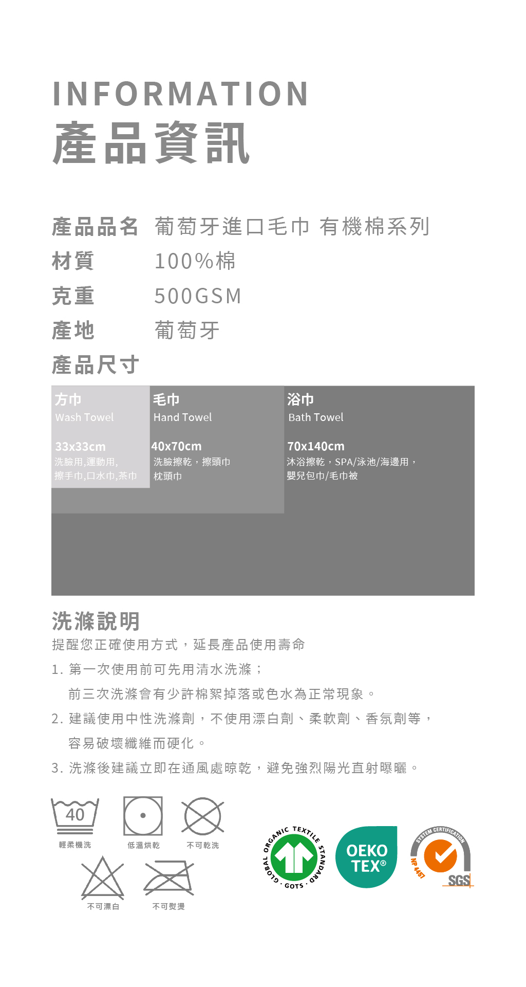 GOODin 葡萄牙進口有機棉系列毛巾產品資訊，採用100%棉、500GSM適中克重並於葡萄牙製造，提供33×33公分方巾、40×70公分毛巾及70×140公分浴巾，附40度柔洗、低溫烘乾、不可乾洗、不可漂白與不可熨燙等洗滌說明，並展示GOTS全球有機紡織品標準、OEKO-TEX及SGS系統認證標誌