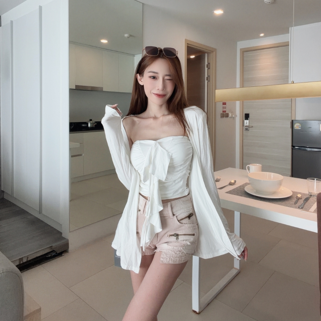 【甜美爆擊】DOMISS立體蝴蝶結平口Bra Top+莫代爾防曬罩衫 約會穿搭 (現+預)