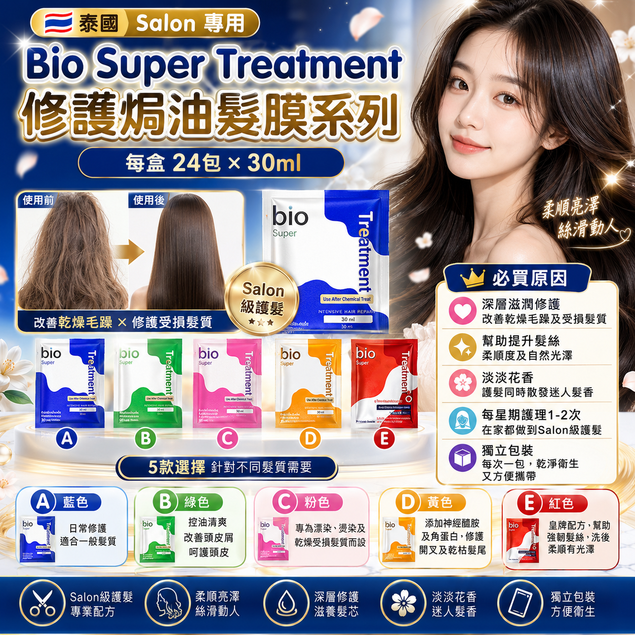 【預訂】AQ062401 泰國 Bio Super Treatment 修護焗油髮膜系列 (24包*30ml)