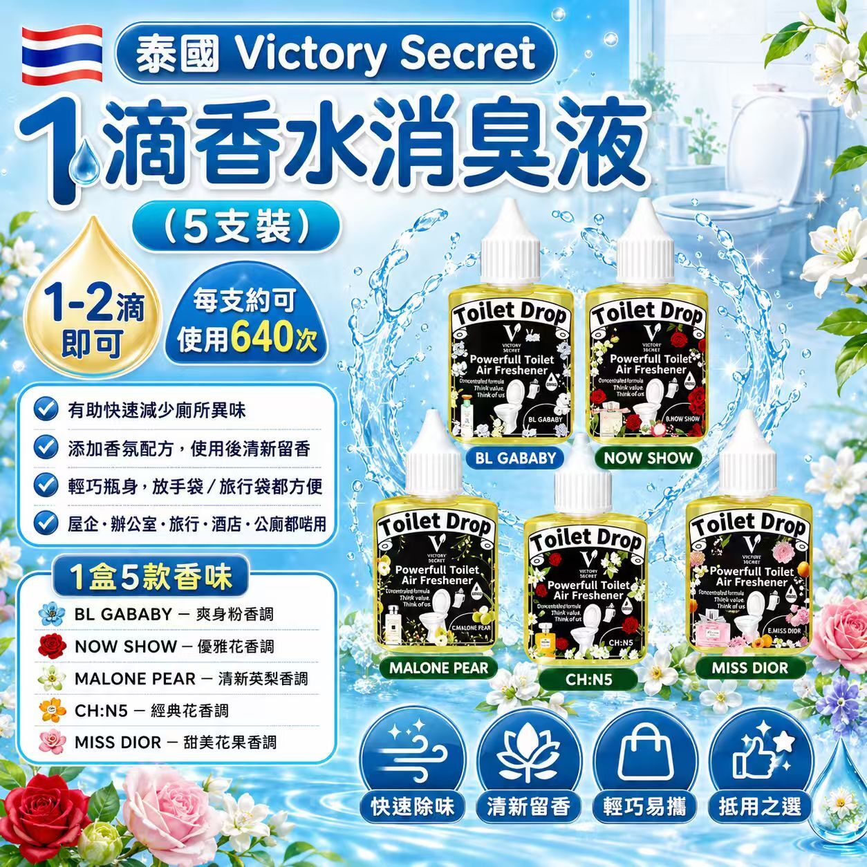 【預訂】AW051505 泰國 Victory Secret 1滴香水消臭液 (5支裝)