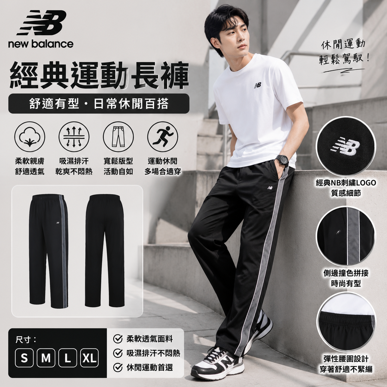 【預購】NEW BALANCE H072103 男裝側邊條紋運動長褲 (黑色)