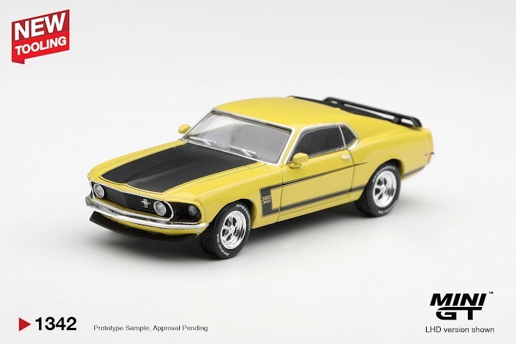 PO-$80 * MINI GT * 1:64 1342 Ford Mustang Boss 302 1969 Bright Yellow LHD