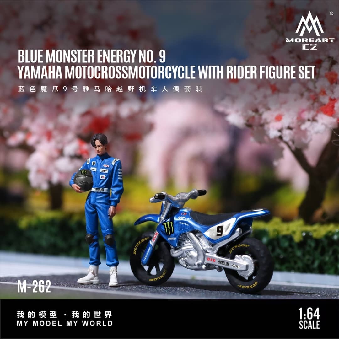 PO-$150 * MOREART * 1:64 FIGURE - BLUE MONSTER ENERGY NO.9 YAMAHA MOTORCYCLE WITH RIDER FIGURE SET