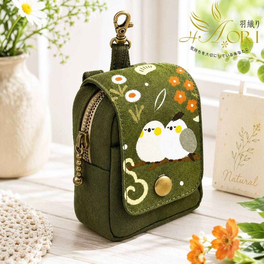 Completed green lovebirds mini hanging pouch DIY kit