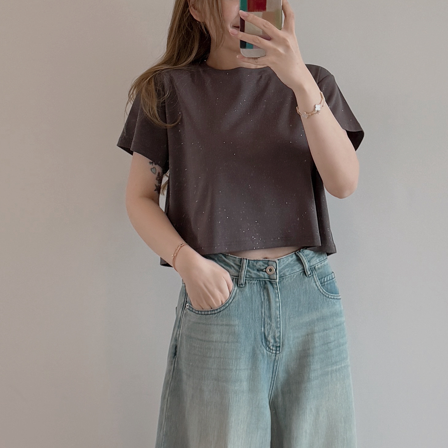 現貨 7478 銀河灰微寬鬆圓領Crop Tee