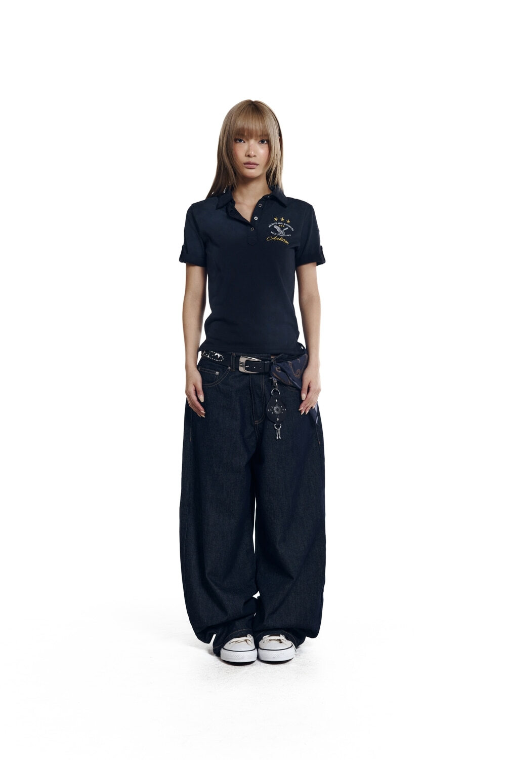 (K11)Leather Label Denim Pants (Blue)