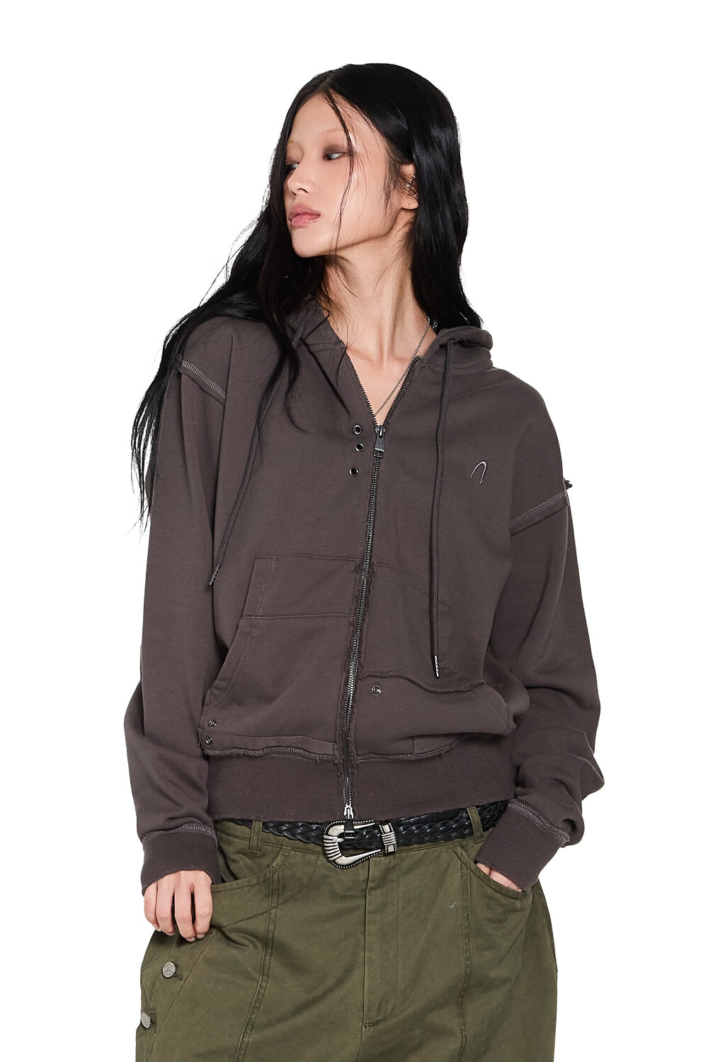 (K12)Eyelet Damaged Zip-Up Hoodie (Brown)
