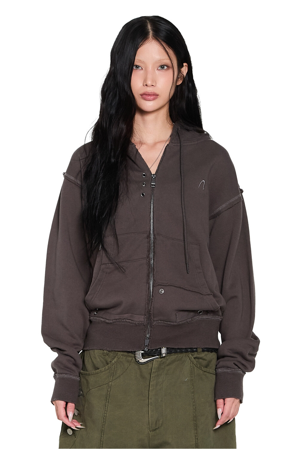 (K12)Eyelet Damaged Zip-Up Hoodie (Brown)